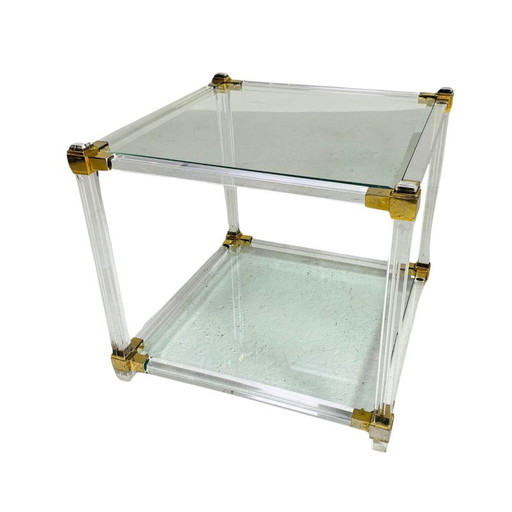 Table basse Hollywood Regency plexiglas, verre, laiton, années 70