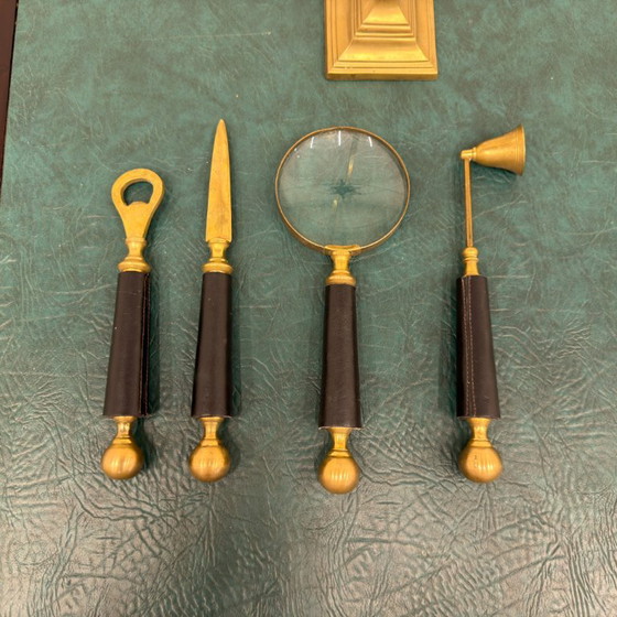 Set da scrivania classico inglese in ottone – Accessori da tavola, Vetro, Pelle (photo 3 of 10)