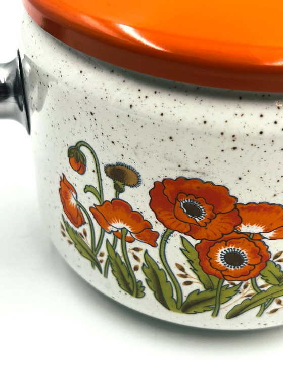 Enamelled Casserole "Orange Poppy" Sanko Ware, Kitchen accessories, Metal, Plastic, White, Vintage (photo 3 of 7)