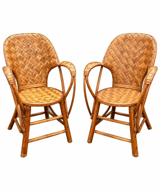 Set da giardino vintage in rattan intrecciato - tavolo rotondo e 4 poltrone – Set da salotto, Bamboo, Wicker (photo 12 of 15)