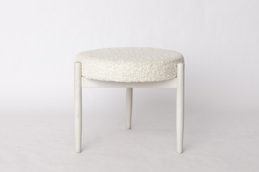 Pouf / Tabouret Vintage 1970 - Bois de hêtre blanc et tapisserie de laine - Ottoman Mid Century