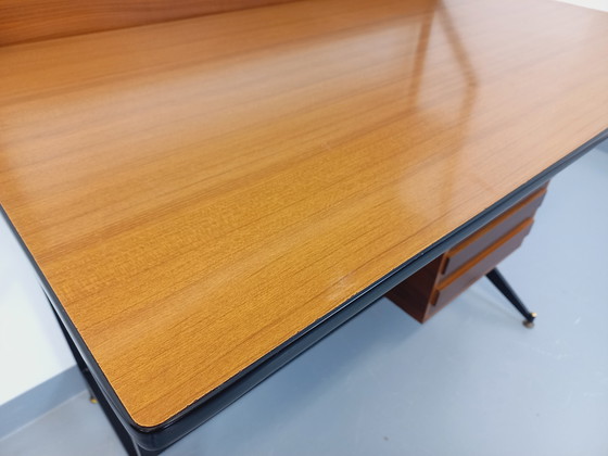 Image 1 of Italian modernist desk with built-in modular string bookcase in teak, metal and melamine from the 60s