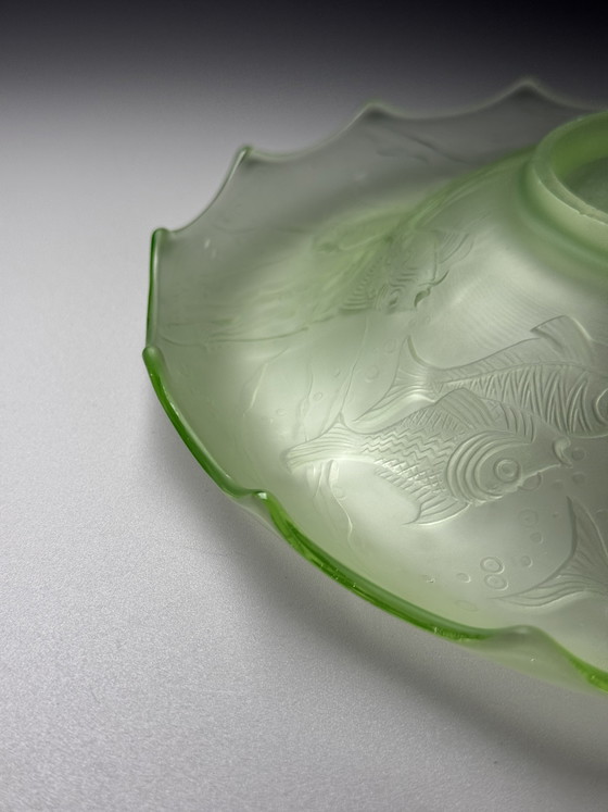 Image 1 of August Walther & Söhne “Arabella” Uranium Glass Centerpiece Bowl – Art Deco Fish Decor – 1930s Germany