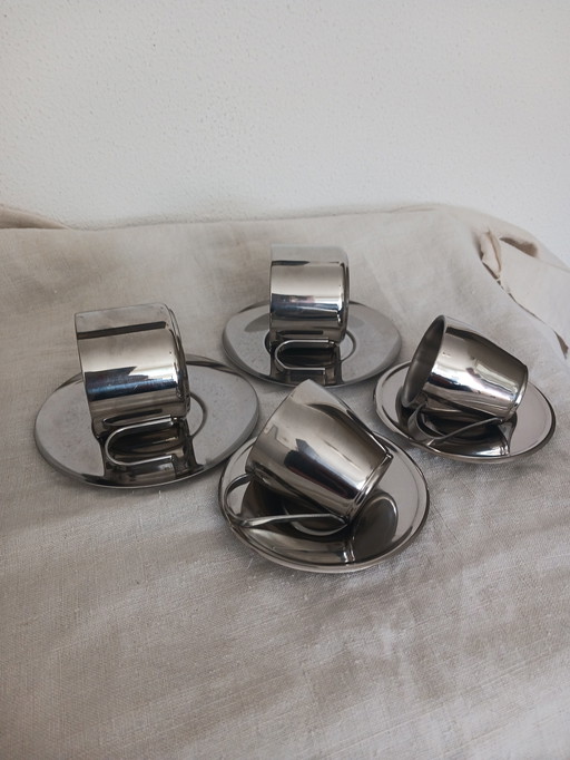 Set Van 4 RVS Espresso en Koffie Kop en Schotel Jaren '80