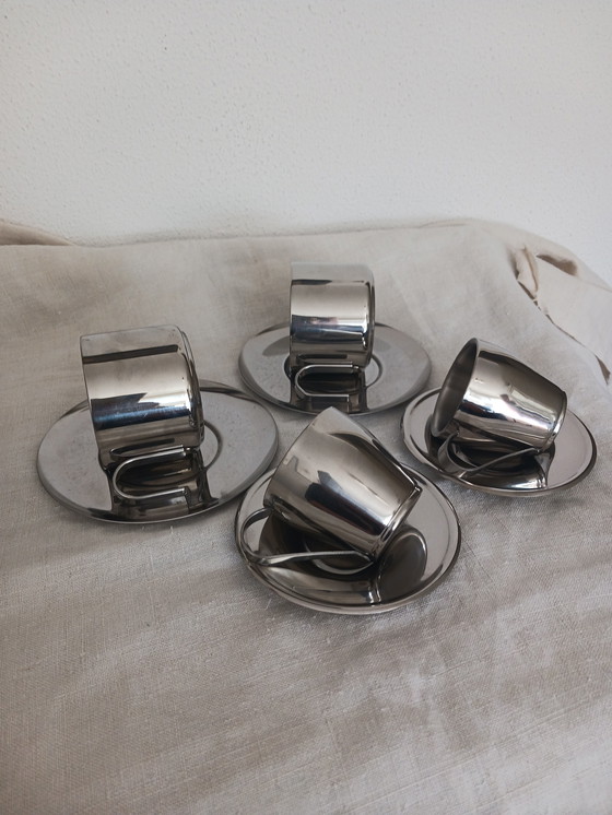 Image 1 of Set Van 4 RVS Espresso en Koffie Kop en Schotel Jaren '80