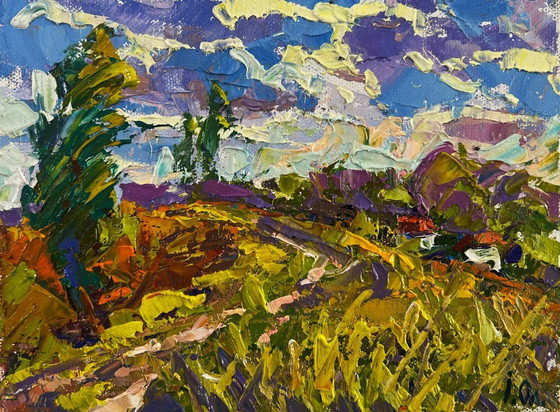 Image 1 of Original Oil Painting Summer Village Landscape Clouds float like fairy tail ships
