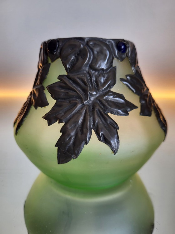 Image 1 of Art Nouveau Loetz vase with green glass, pewter mount, floral decoration