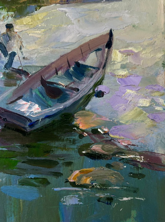 Image 1 of Original Oil Painting Summer River Landscape Fishermen resting near the shore