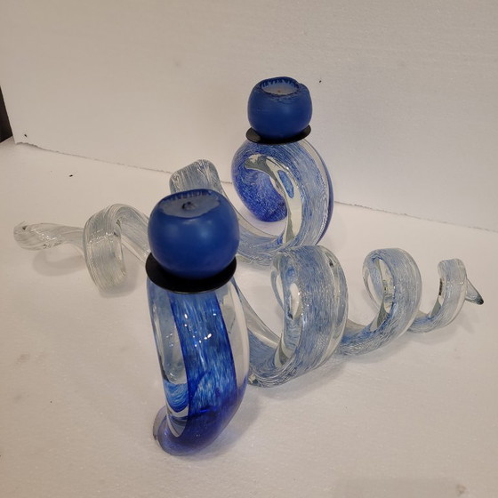 Image 1 of Pair of blue spiral candlesticks, glass, 80's - France