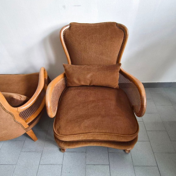 Image 1 of COPPIA DI POLTRONE BERGERE VINTAGE DEI PRIMI DEL XX SECOLO IN RATTAN E LEGNO, SUPERBAMENTE CURVE
