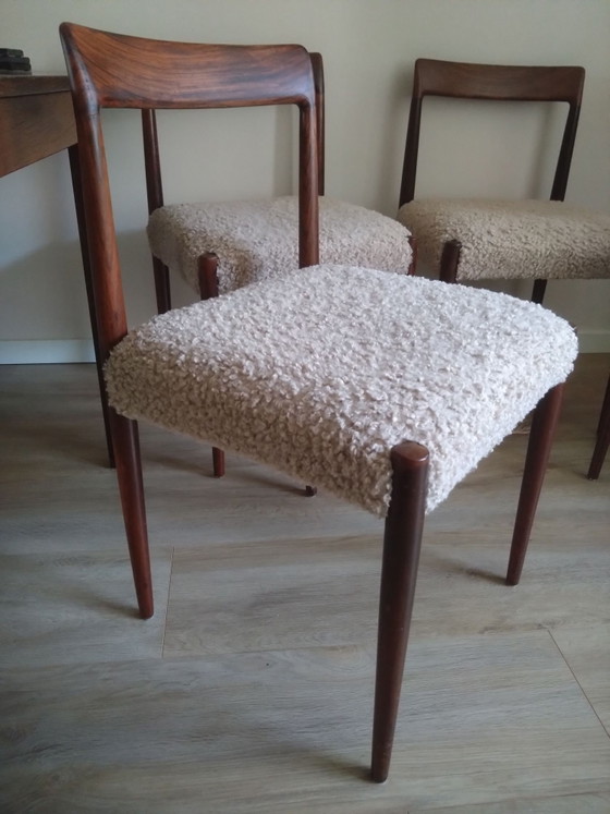 4x Palissander Interlubke Mid-Century stoelen, Eetkamerstoelen, Textiel, Hout, Bruin (foto 2 van 5)