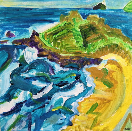 Playa e isla de St Ives Porthmeor desde Ayr. Lienzo original firmado.
