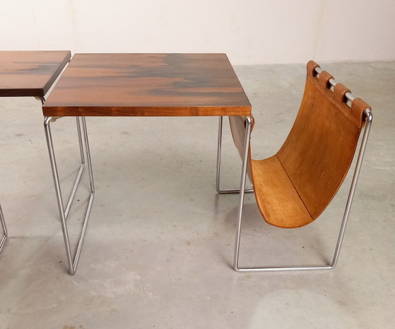 Vintage Dutch Design Brabantia Miniset Met Tuigleer Lectuurbak Nesting Tables – Bijzettafels, Leather, Metal (photo 9 of 9)