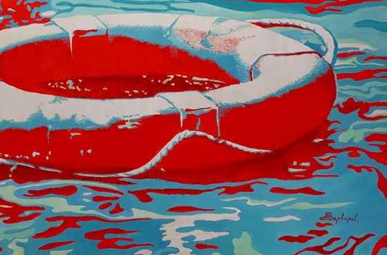 Original Oil Painting Contemporary Art Symbolism Sea Boy Lifebuoy – Paintings & Drawings, Canvas (photo 7 of 7)
