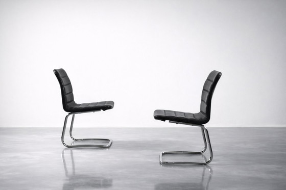 Image 1 of Vintage Mid-Century Minimalist Chrome & Black Leather Club Chairs from POL International, 1960s, Set of 2