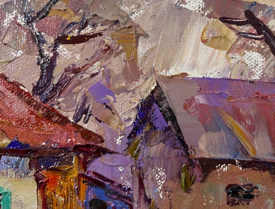 Image 1 of Original Oil Painting Autumn Village Landscape Yard in Sunset Light