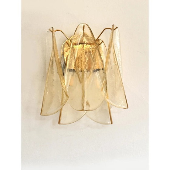 Image 1 of Set van twee amberkleurige “Rondini” wandlampen van Murano-glas met gouden accenten — Mazzega-stijl