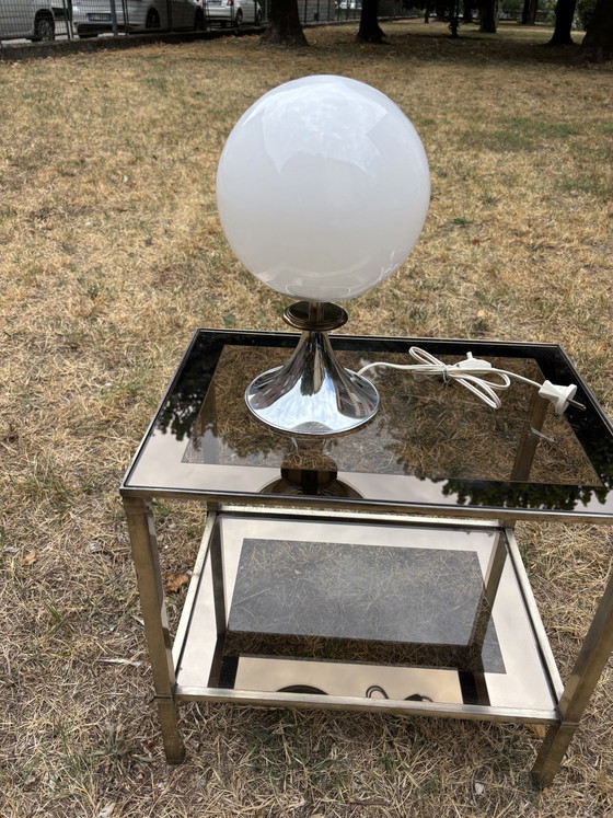 Vintage Space Age Table Lamp – Opaline Glass Globe & Chrome Base – 1970s – Metal (photo 9 of 11)