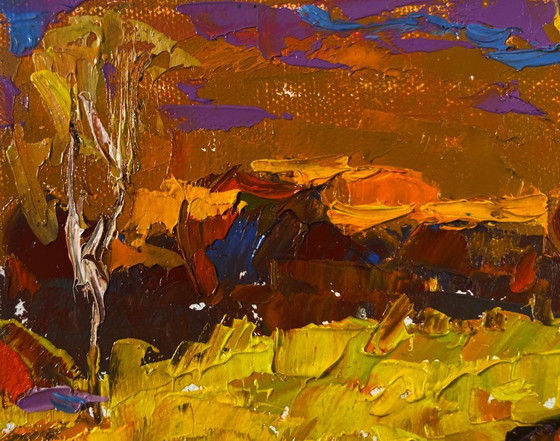 Image 1 of Original Oil Painting Evening Field Landscape Autumn and the last singing of birds