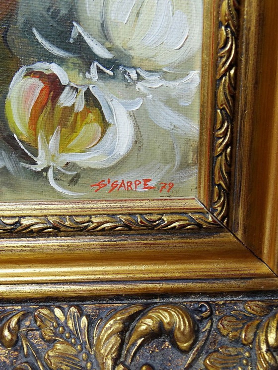 Image 1 of Still life with garlic, egg and mortar, signed Sarpe, 1979, oil on canvas