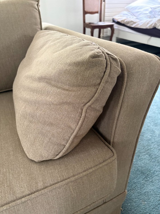 Image 1 of 2 banken merk Hustinx met sportieve linnen stof in beige/groene 