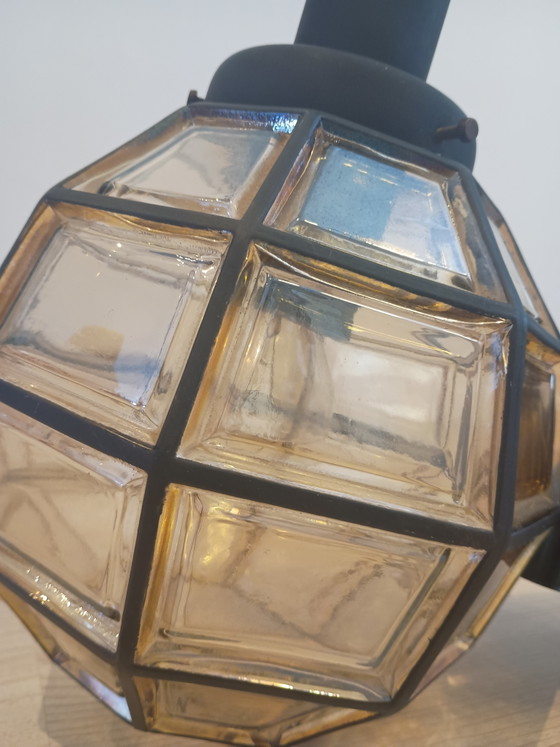 Design Lamp Glashütte Limburg Including Original Shade And Wiring. Amber Glass Brutalist Pendant Lamp. 70s (photo 4 of 6)