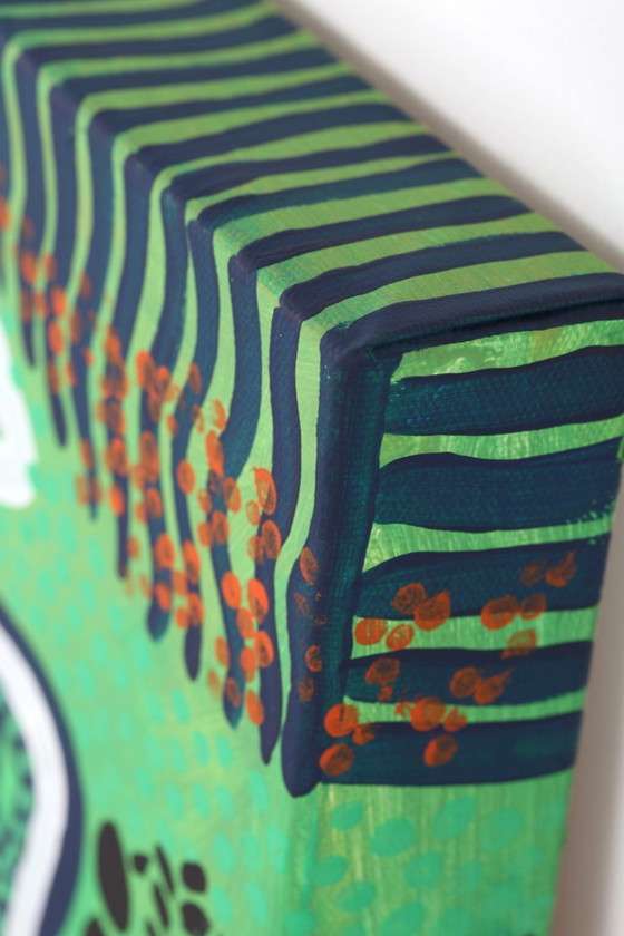 Image 1 of Modern abstract green, yellow, purple and orange mixed media painting