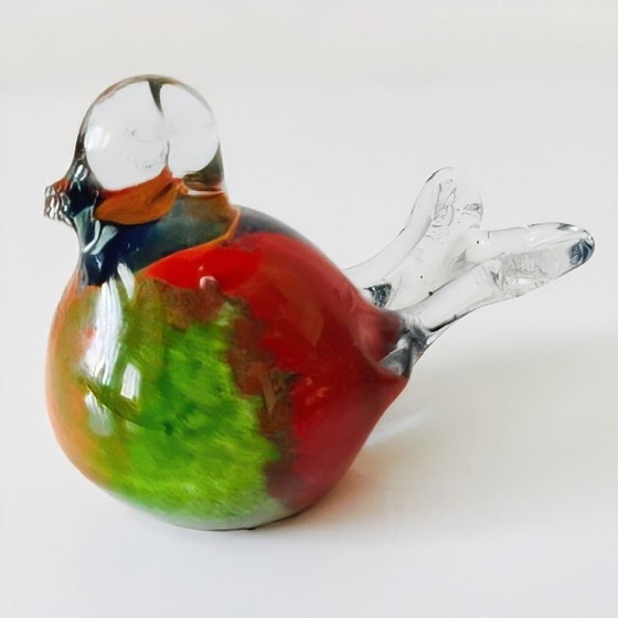 Image 1 of Vintage mondgeblazen multicoloured vogelsculptuur glas presse-papier glazen vogeltje murano stijl vogelbeeldje 1980's