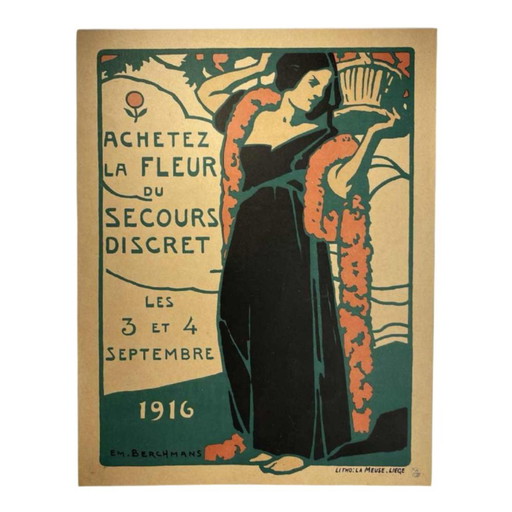 Art Nouveau Achetez la Fleur de l'Aide Discrète Affiche Lithographique par Émile Berchmans pour La Meuse, 1916