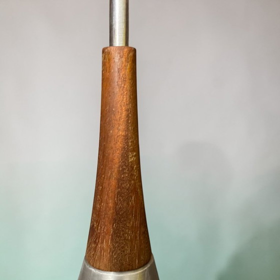 Image 1 of Scandinavian Mid Century Modern Chromed Aluminium Hanging Light with Wooden Accent, 1970s