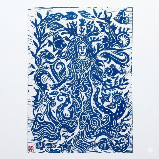 Image 1 of Estampe linogravure représentant une déesse de la nature, déesse bleue, style bohème, décoration murale A3