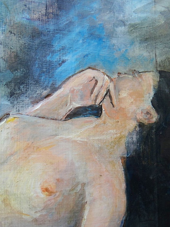 Image 1 of Large painting of a reclining nude woman, modern oil on panel, vintage style