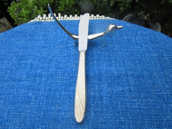 Image 1 of 4 Silver Plated Knife Rests Dachshund Dog Long Tail Blue Eyes vintage