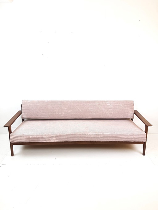 Panca vintage in teak, rosa pastello chiaro, recentemente rivestita