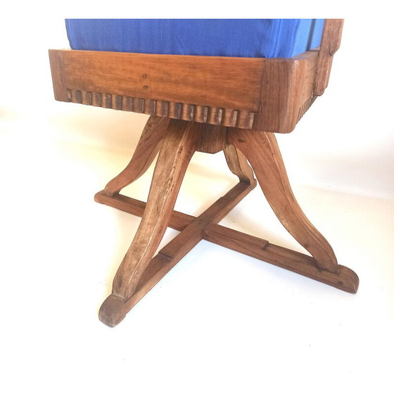 Image 1 of Vintage barber chair in solid teak and blue fabric, 1930