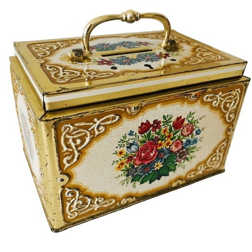 Vintage French flower piggy bank tin 1970s