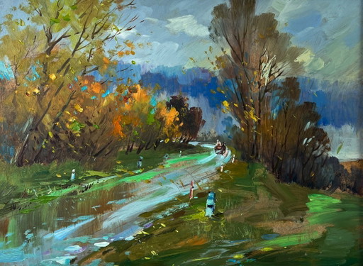 Peinture à l'huile originale représentant un paysage naturel, une route et un temps d'automne en forêt.