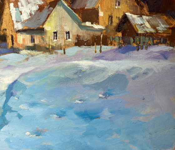 Image 1 of Pintura al óleo original Paisaje de pueblo nevado Montones de nieve invernales cerca de la casa