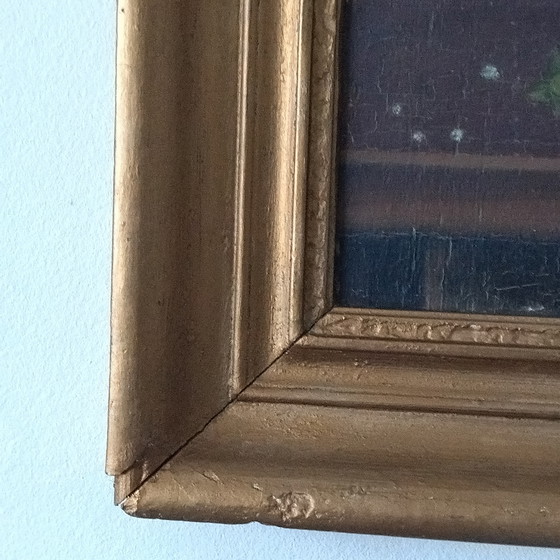 Image 1 of Dipinto antico di un gattino con un mazzo di fiori