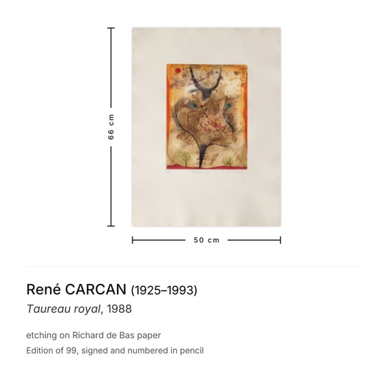 Image 1 of René Carcan, Königlicher Stier, signierte Radierung, 1988
