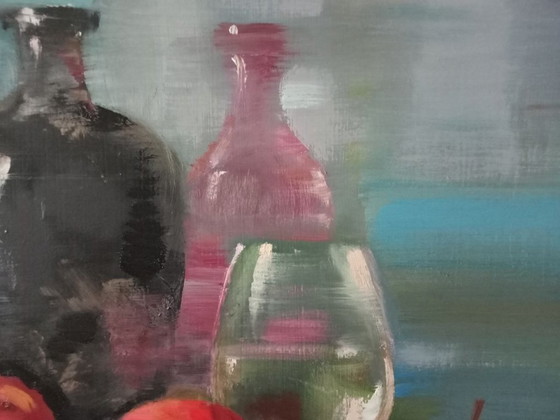 Peinture à l'Huile Originale Bouteilles en Verre Fruits Nature Morte – Peintures et dessins, Canvas (photo 4 of 7)