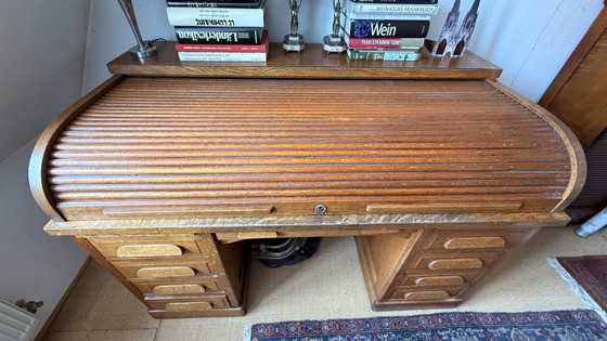 Grande scrivania antica in rovere con piano a rullo – circa 1900 – Scrivanie, Wood, Metal (photo 3 of 8)