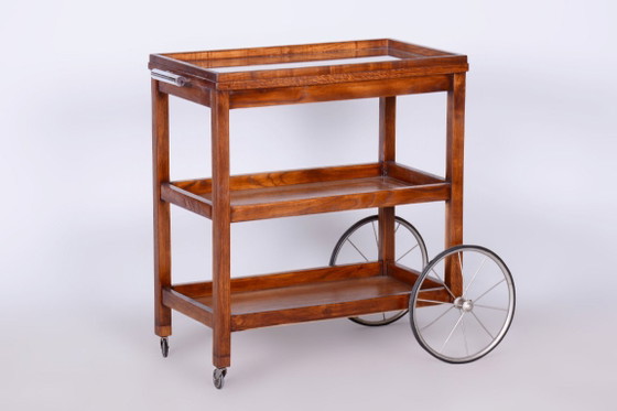 Gerestaureerde art-deco trolley van Thonet, eikenhout, glas, fineer, chroom, Tsjechisch, jaren 1920. (photo 3 of 16)