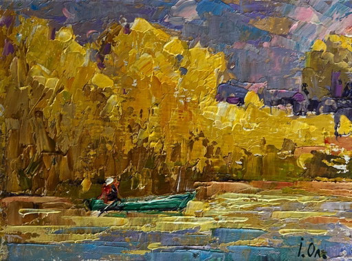 Pintura al óleo original Paisaje fluvial otoñal En el lago otoñal