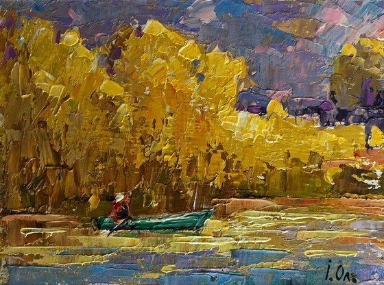 Image 1 of Original Oil Painting Autumn River Landscape On the autumn lake