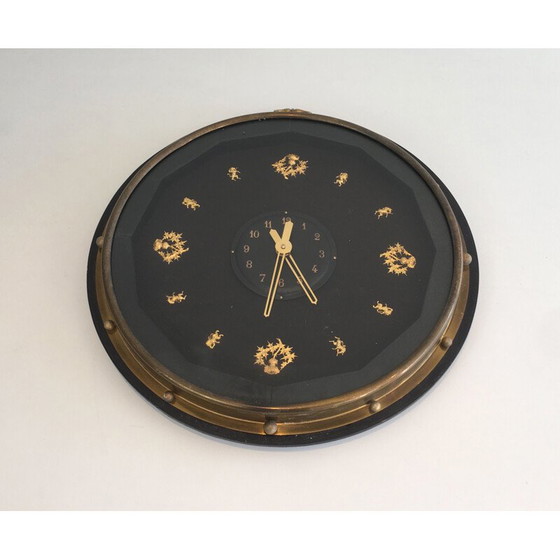 Image 1 of Round black and gold vintage wall clock, 1950