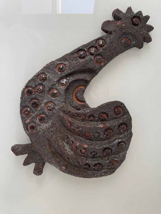 Image 1 of Zeldzame brutalistische wandsculptuur haan van keramiek