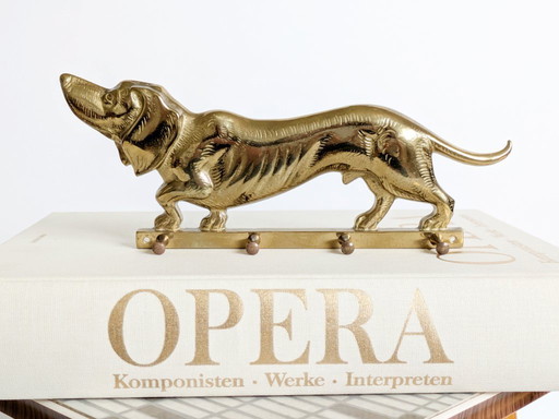 Portachiavi bassotto in ottone vintage, scaffale da parete con ganci del Medioevo