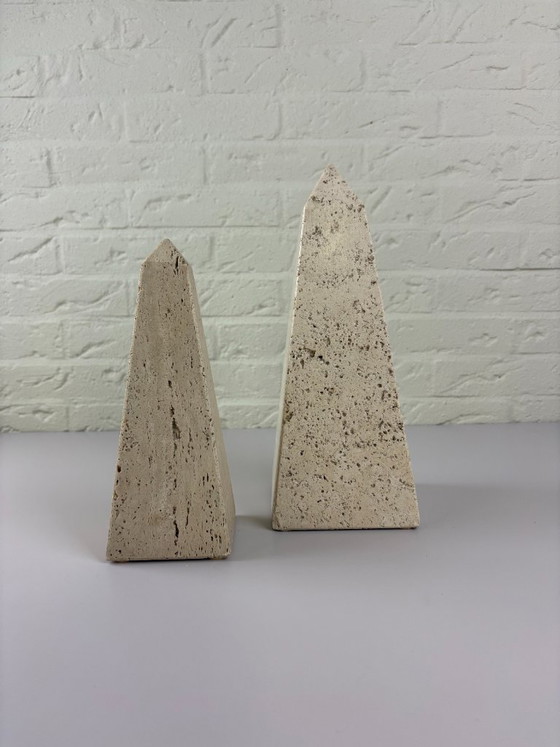 Image 1 of Vintage pair of Italian Travertine Obelisk Sculptures attr. Fratelli Mannelli