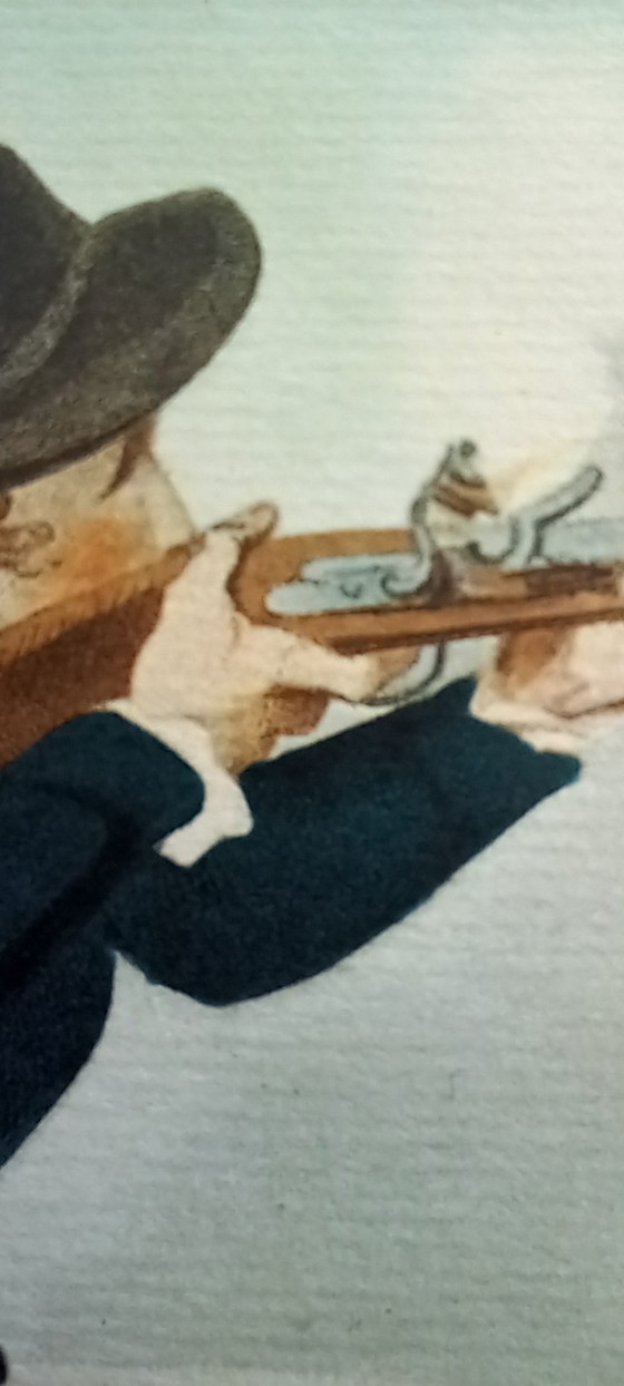 Image 1 of Antiker handkolorierter Kupferstich „Schnepfenjagd“ – Jagdszene – ca. frühes 19. Jahrhundert